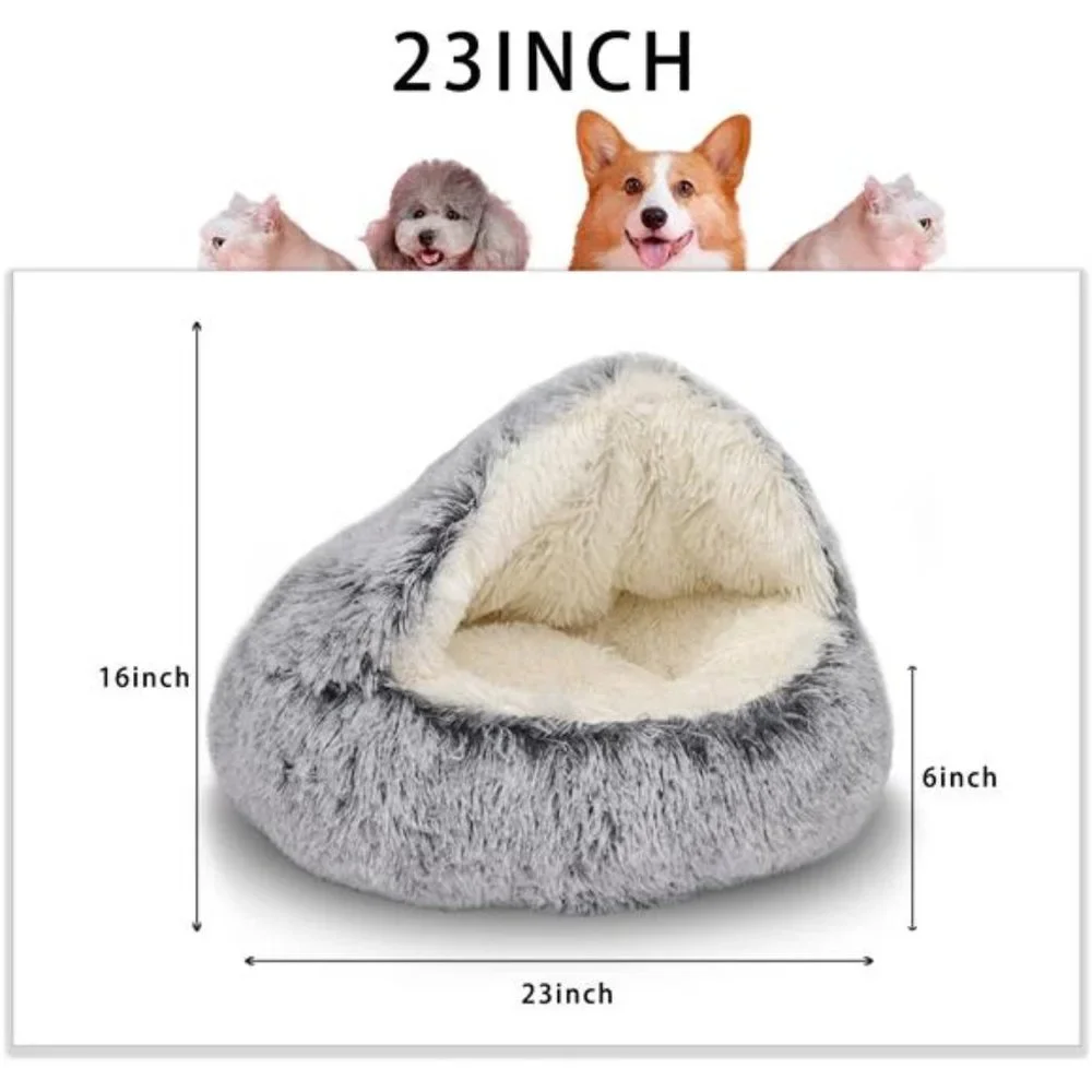 ShinHye Cat Bed Round Plush Fluffy Hooded Cat Bed Cave, Cozy for Indoor